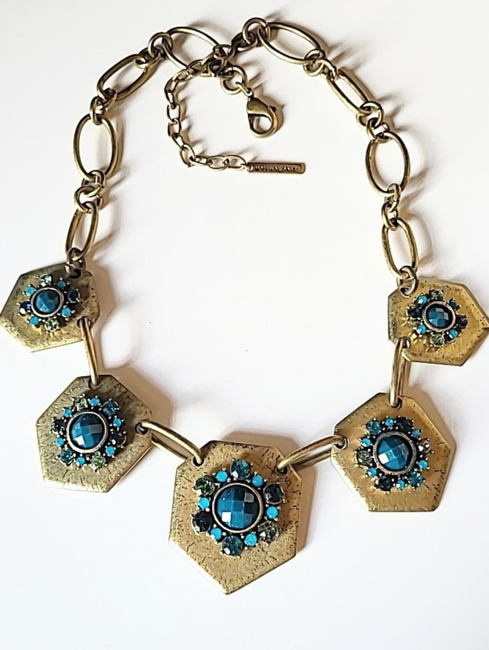 Mythologie Statement Necklace with Teal, Blue & Green Stones In Antiqued Gold - Picture 9 of 9